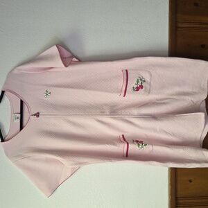 Coffee Talk Pink Short Sleeve Zip-Up House Dress with Cherry Embroidery. Sz Xl